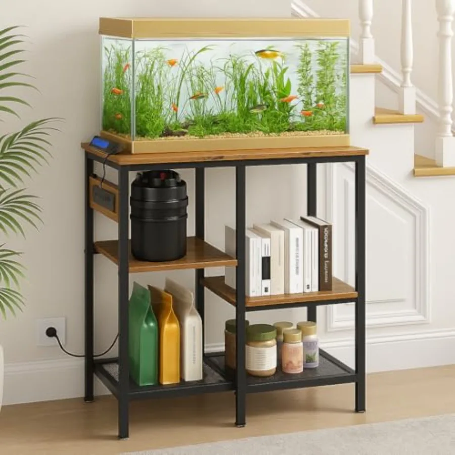 

20-29-37 Gallon Fish Tank Stand with 3 Power Outlet 2 USB Port, Metal Aquarium Stand with 4-Tier Adjustable Storage Shelves, 30