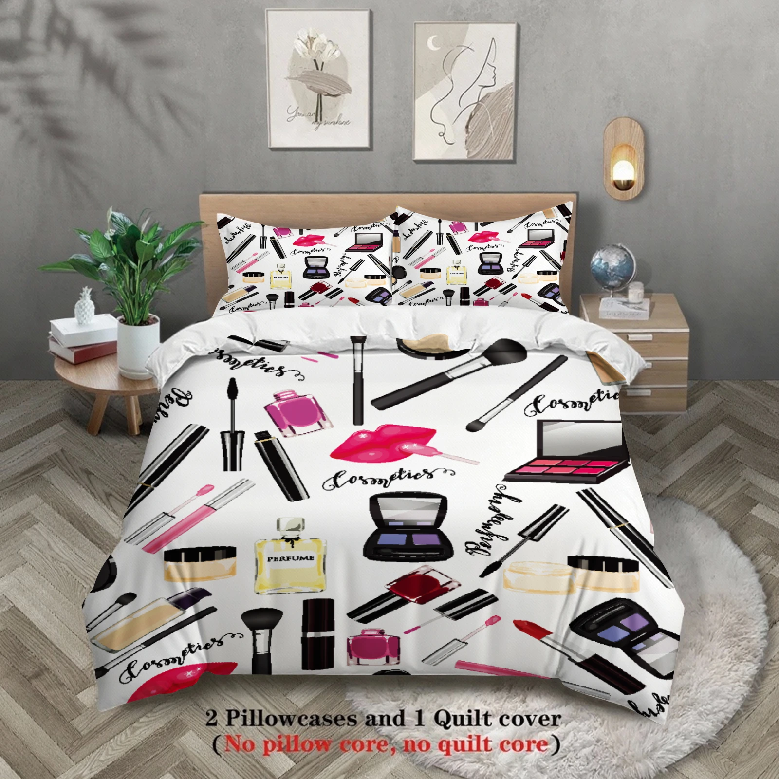 3pcs Cosmetic Makeup Bedding Sets 3D Printed Cosmetics Pattern Duvet Cover Sets With Pillowcases No Filling