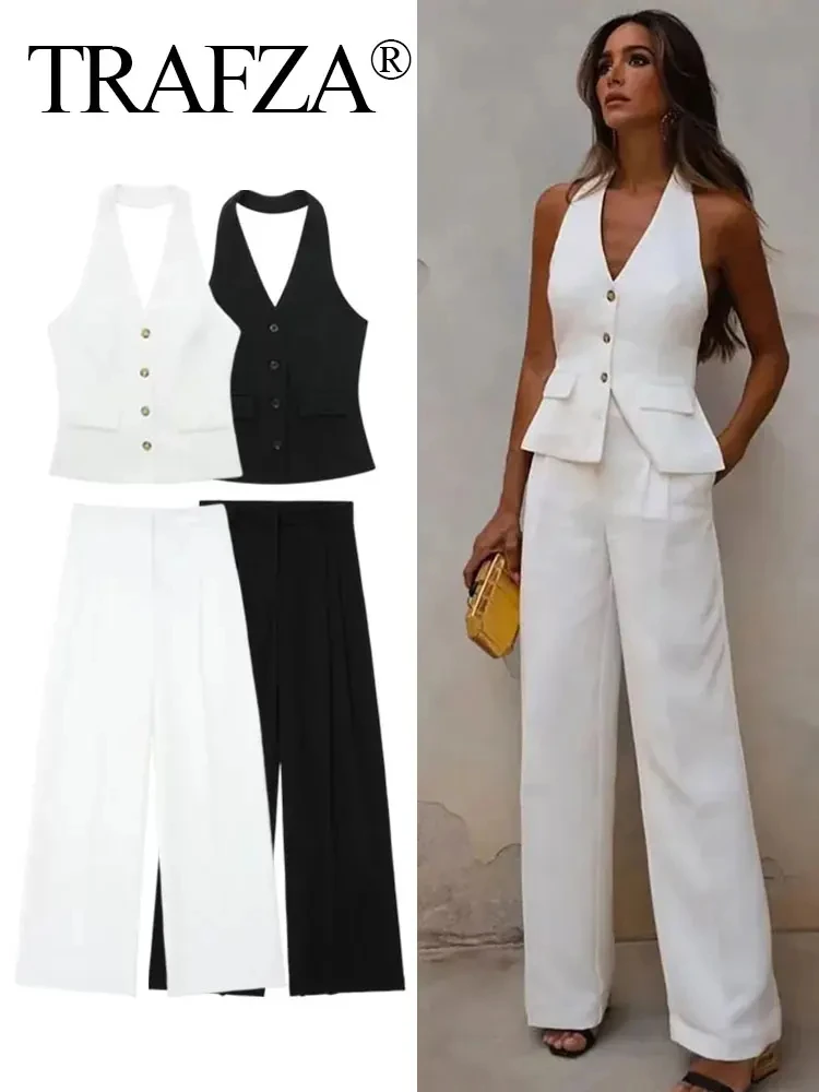 TRAFZA Women Fashion Sets Solid Pant Suit Halter Single Breasted Sleeveless Blazer Vest Top Office Lady High Waist Wide Leg Pant