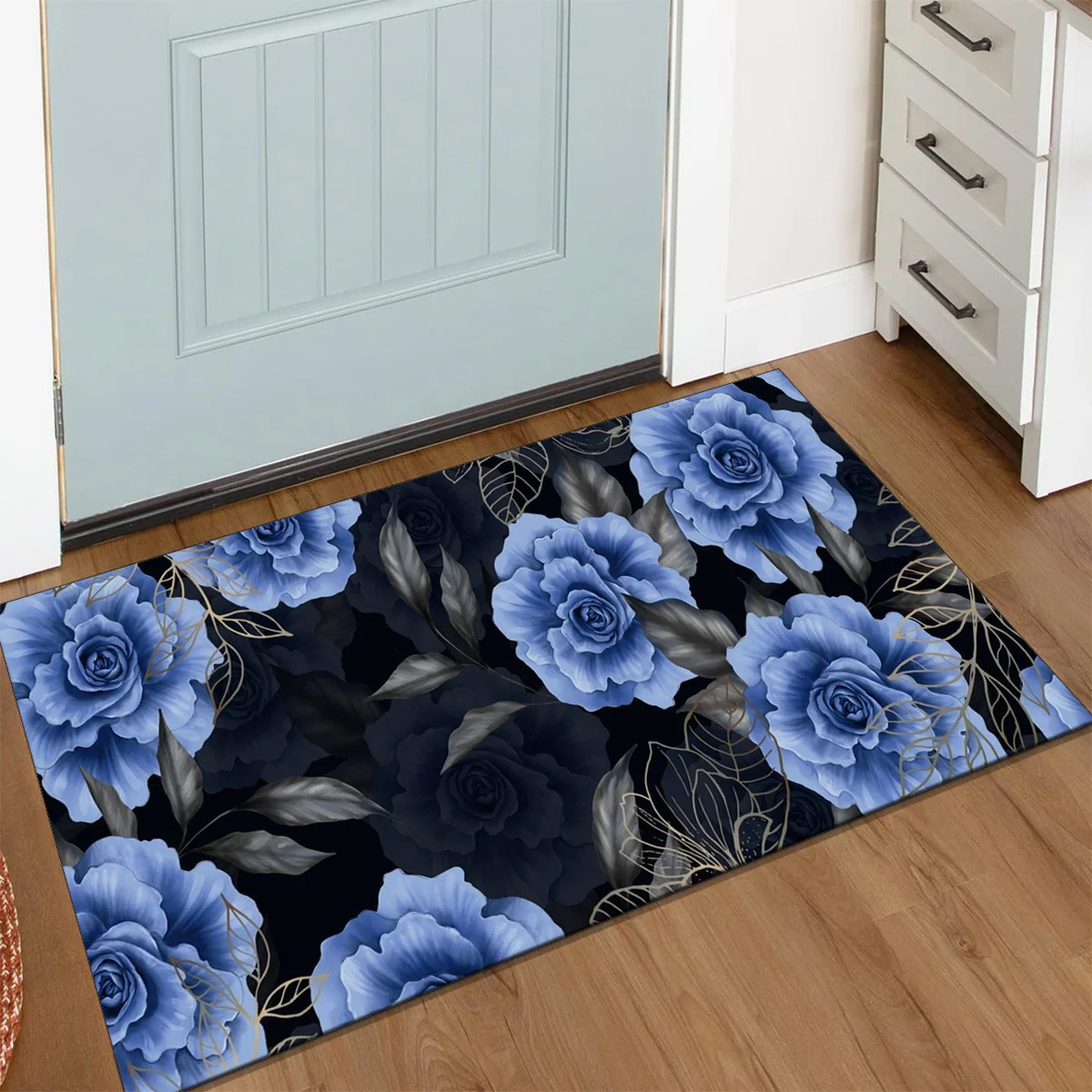 

1pc Elegant blue floral pattern carpet, crystal velvet fabric, suitable for bedroom living room decoration