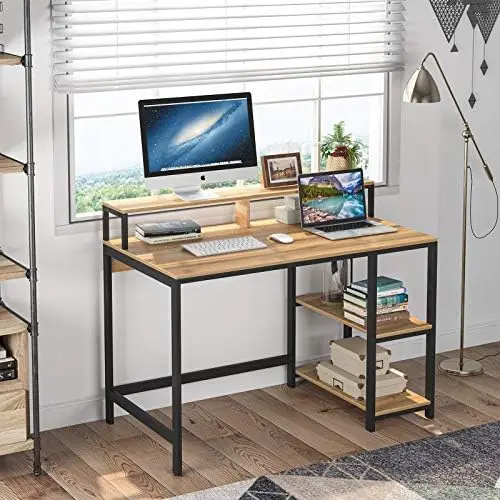 

Computer Desk Industrial Writing Desk for Study, Computer Workstations PC Desk Table with Metal Frame, 2 Shelves for , Office, L