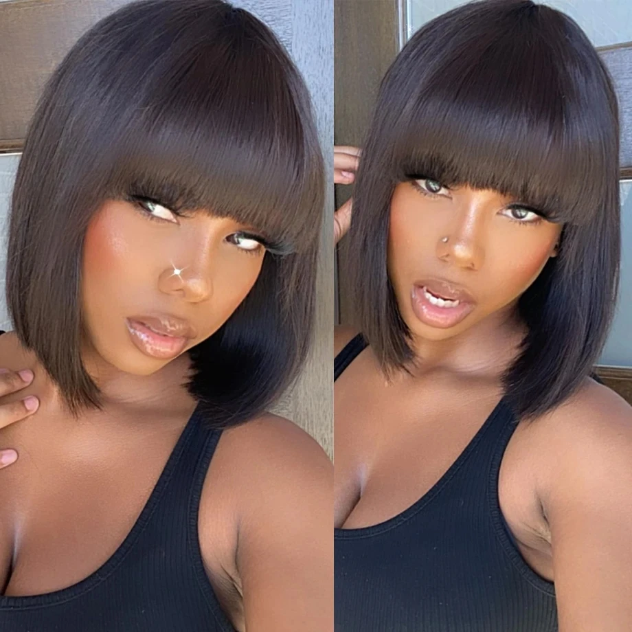 

Bone Straight Wigs Bob Wig With Bangs Short Straight Wigs For Black Women Full Machine Made Brazilian Virgin Hair 200 Density