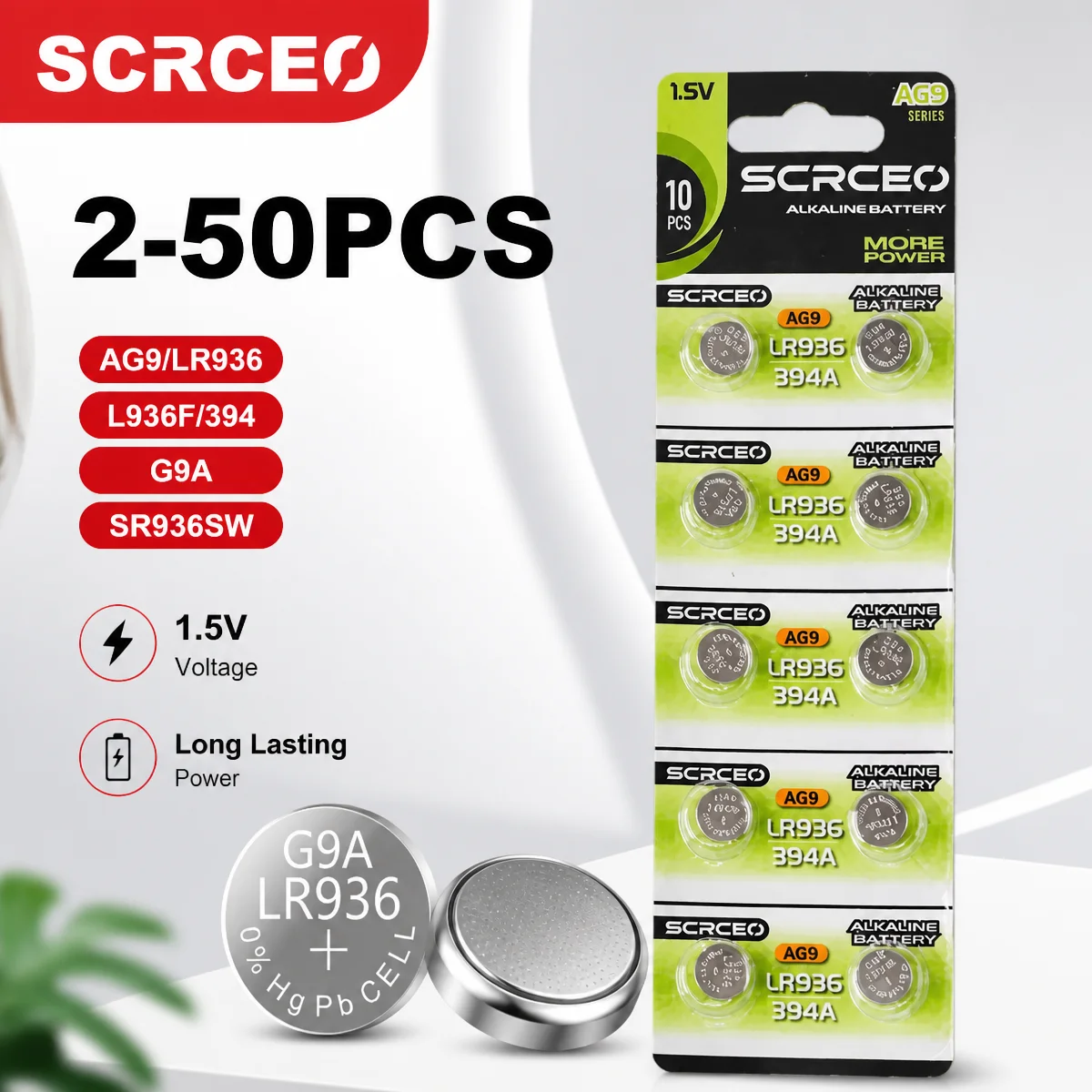 Alkaline Button Cell Battery AG9 SR936SW 394 1.55V Replacement for Watches Hearing Aids Calculators Thermometers Toys 1PCS