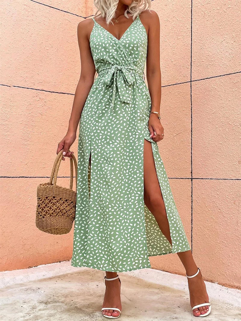 

Summer Floral Print Long Dress Women Sexy Backless Bandage Slit Beach Sundresses Casual Elegant Black V Neck Sleeveless Dress