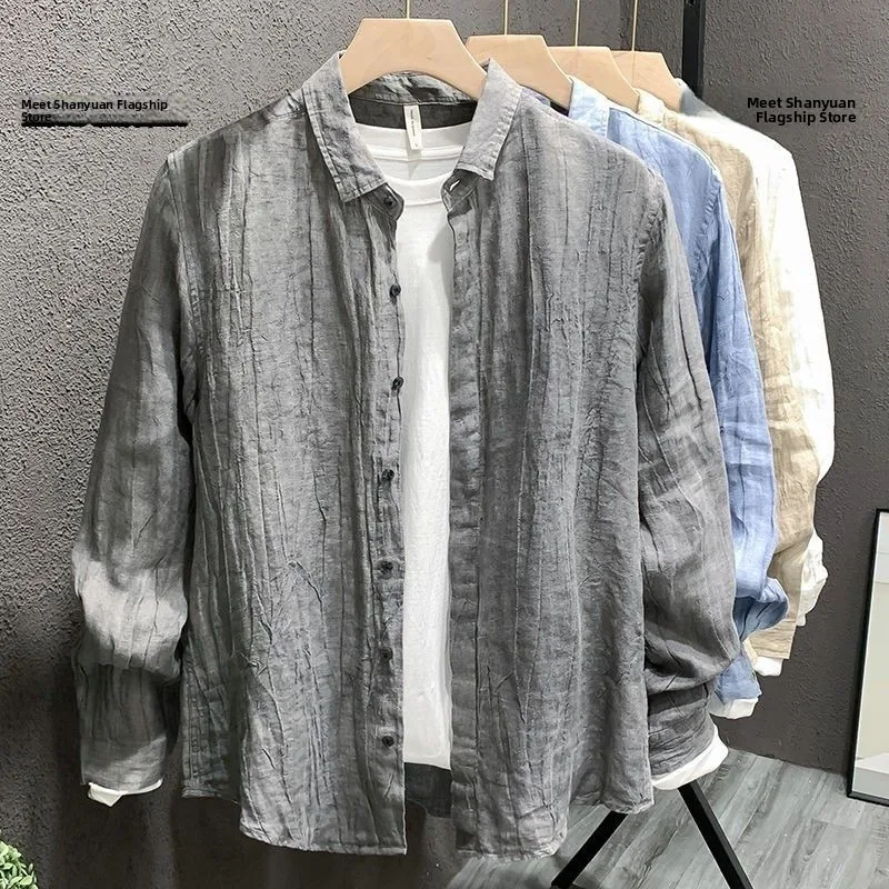 

Spring Summer New Men's Linen Color Collar Long Sve Casual Loose irt Trendy Match All Cotton Linen Blend Coat
