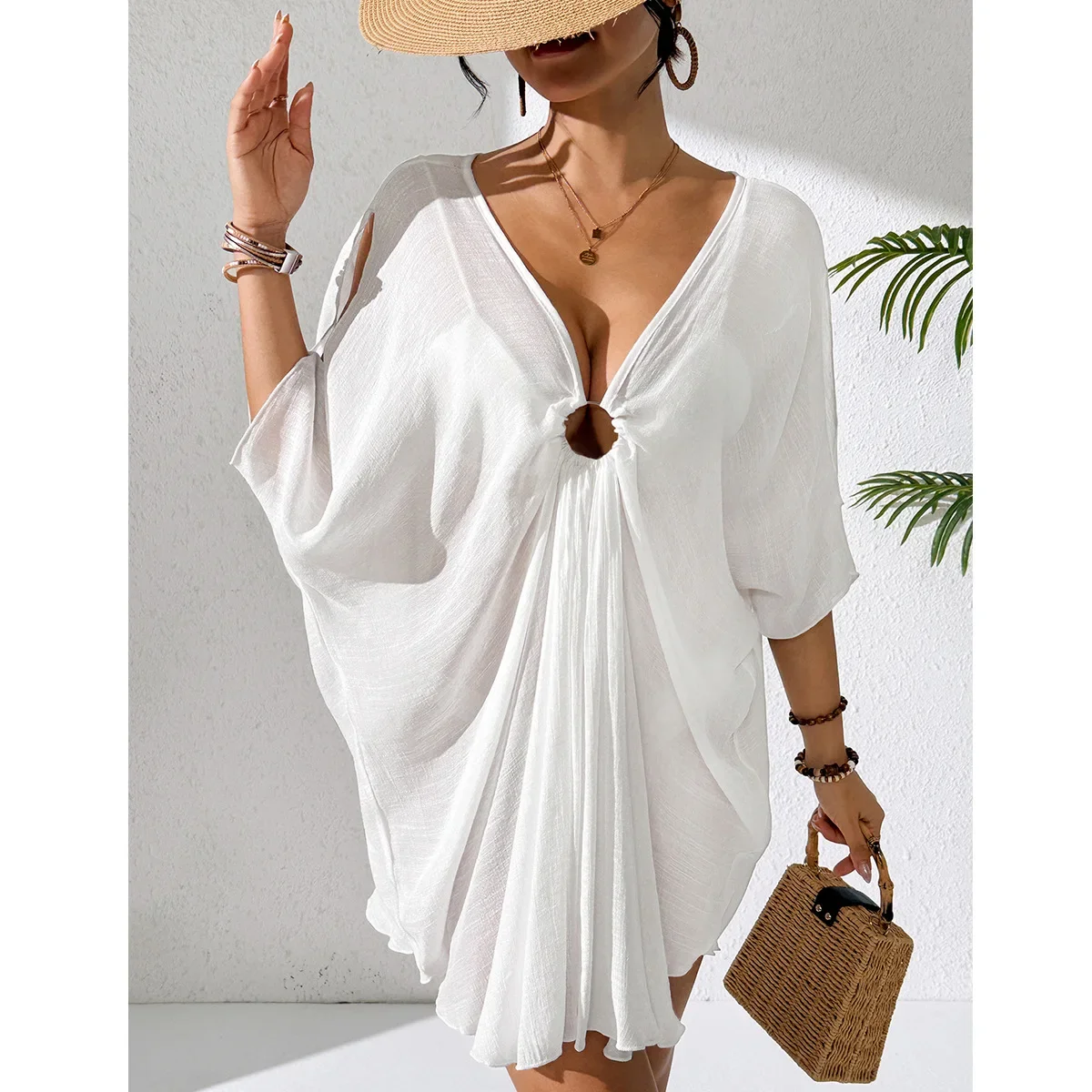 

New Solid Color Design Beach Blouse, Round V-neck Bat Sleeve Seaside Vacation Sunscreen Skirt