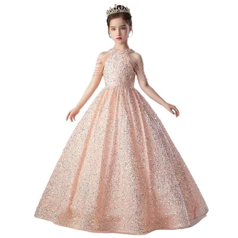 Little Girls Sequin Party Gown Teen Girls Cold Shoudler Long Formal Evening Cocktail Dress Kids Banquet Pageant Dresses