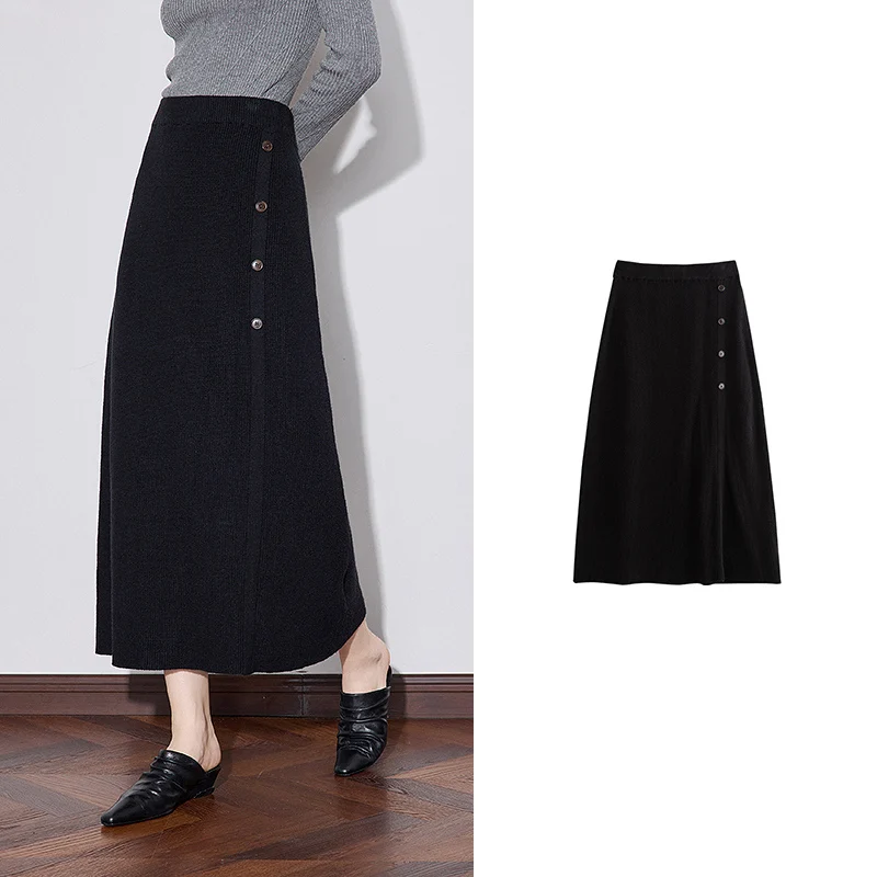 

Women Knitted Skirt 2025 Autumn Winter New Elastic Waist Ankle Length Elegant Coffee Woolen Skirt