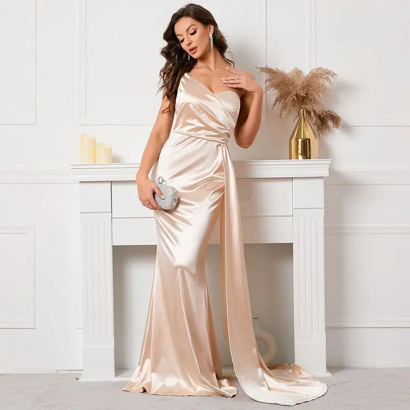 Ele Pure Color Satin Long Wedding Dr High Waist Fi Tail Gown Svel Ele Evening Dr للنساء #2
