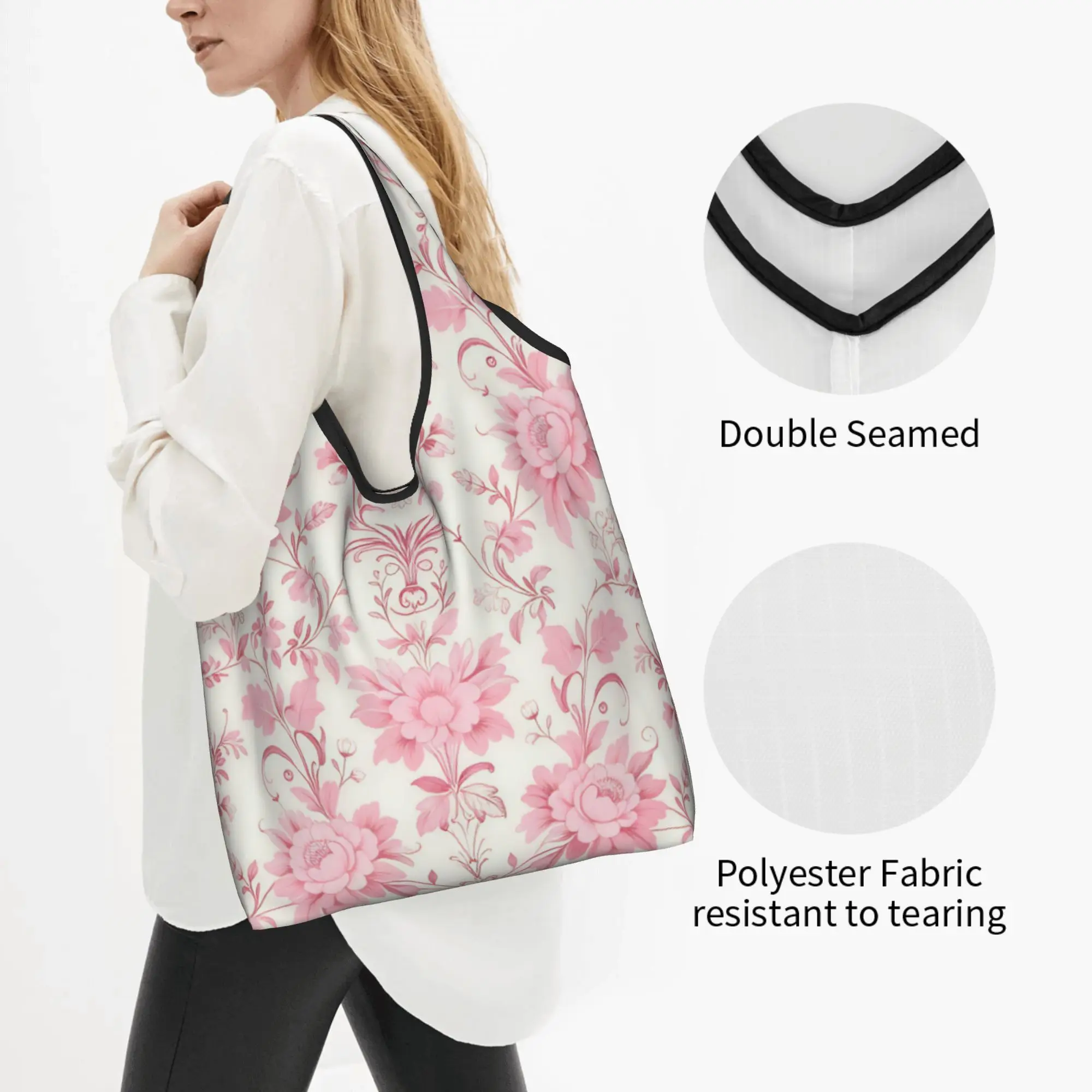 Toile De Jouy French  Grocery Shopping Bags Cute Shopper Shoulder Tote Bag Big Capacity Portable Vintage Pink Floral Handbag