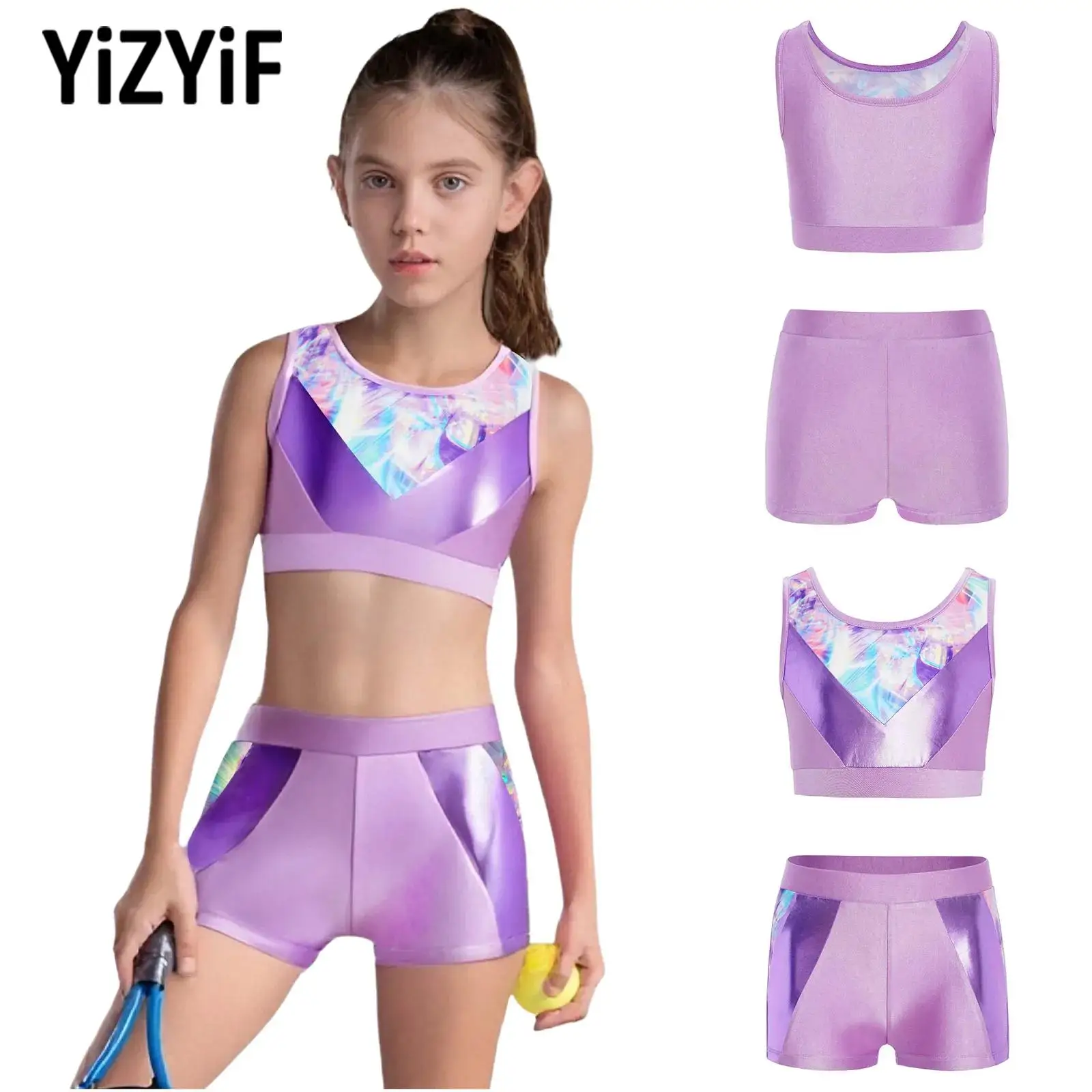 

2 Pcs Kids Girls Sports Suit Soft Sleeveless Metallic Crop Tank Top+Shorts New Dancewear Set for Yoga Gymnastics Fitness Workout