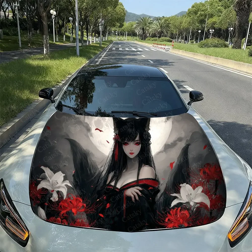 Fox Spirit & Red Spider Lily Car Vinyl Wrap, PVC Waterproof Car Sticker, Self-Adhesive Scratch-Resistant Engine Cover Sticker