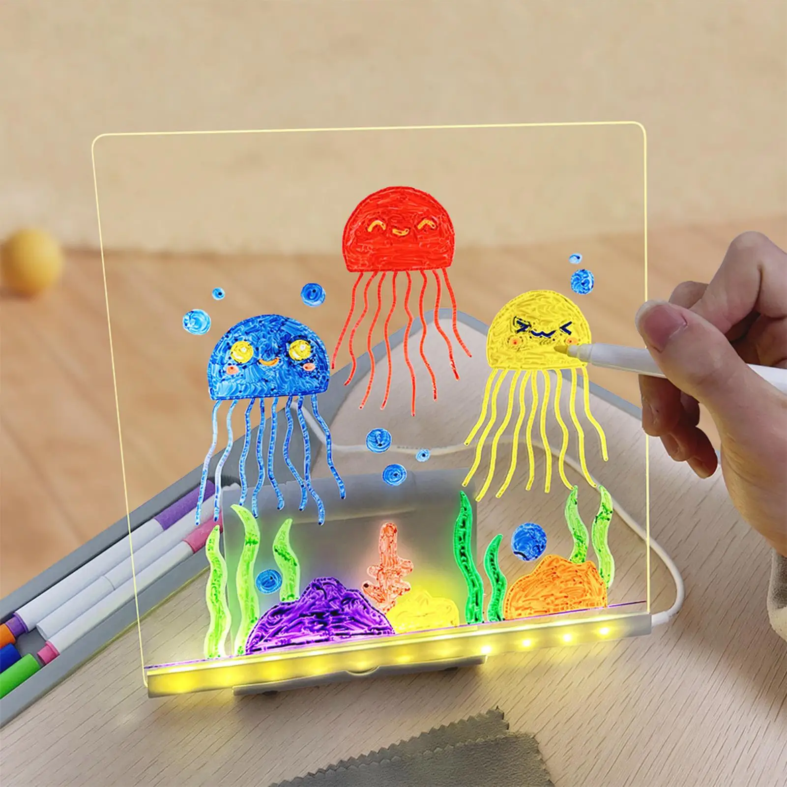

Transparent Acrylic Light Up Writing Pad LED Drawing Board with 12-Color Pens & Foldable Stand, Dry Erase Board for Kids Adult