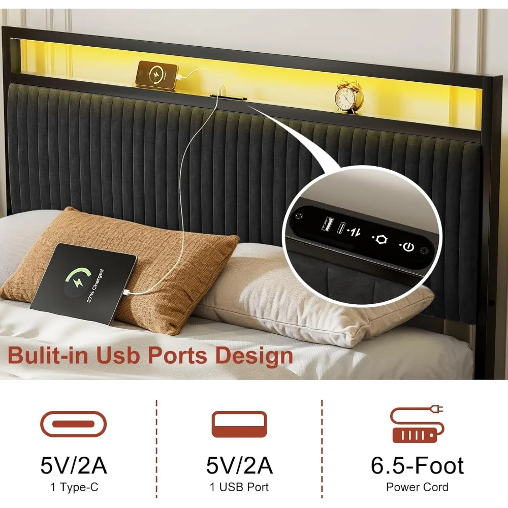 إطار سرير بمنصة مخملية منجدة بالحجم الكامل مع أدراج تخزين، ومحطة شحن USB مدمجة وشريط إضاءة LED، Sturdy Me