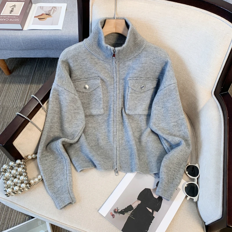 

Women's Wool Camere Knitwear Double Zipper Long Sve Comfortable Slimming Autumn Winter Faionable Versatile High Collar...