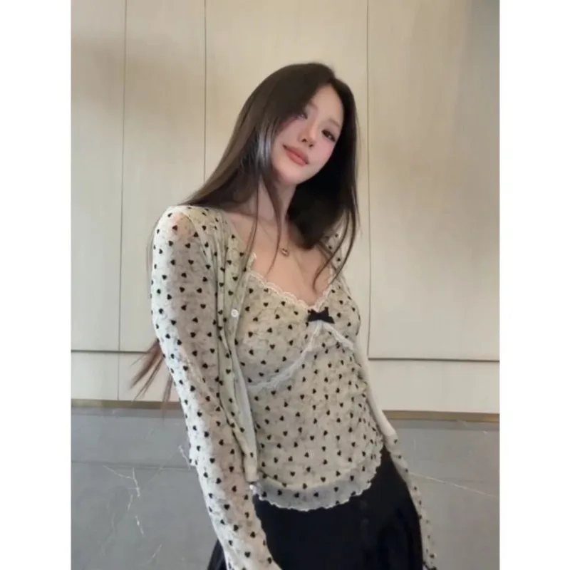 Kimotimo Two Piece Sets T-shirt Women Y2k Sweet Heart Print Long Sleeve Cardigan Lace Bow Camis Vest Spicy Girl Slim Tops Suits