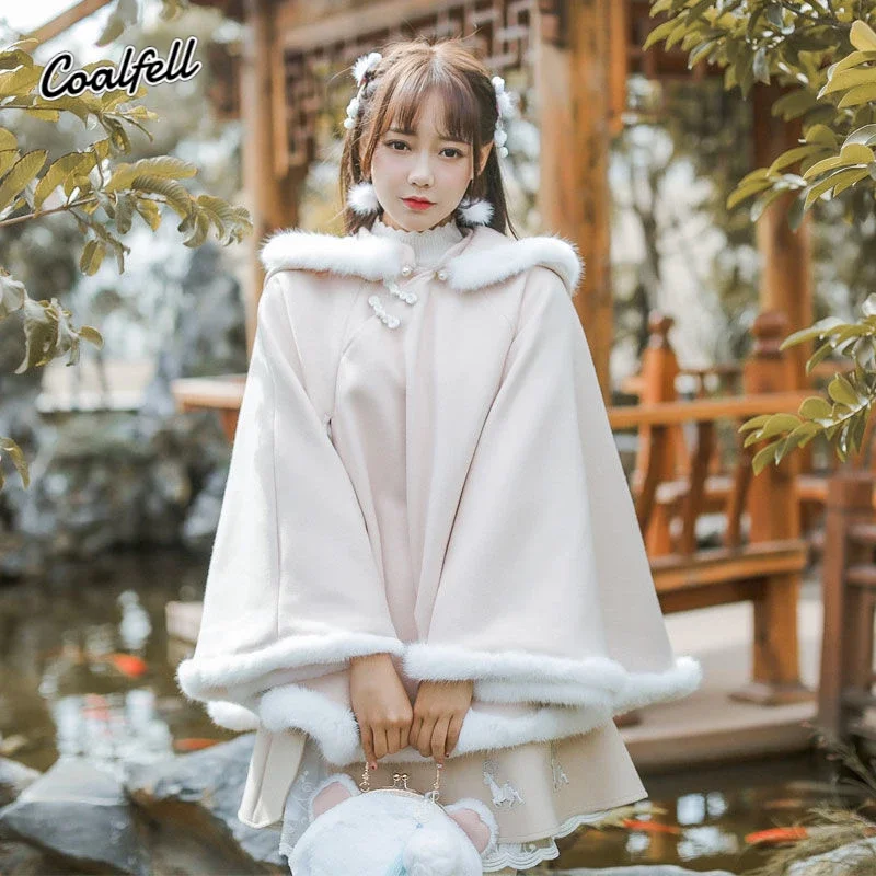 Coalfell  Autumn /Winter New Improved Hanfu Han Element Lolita Hooded Cloak Fleece Coat Veste Femme Coat Autumn Clothes Women