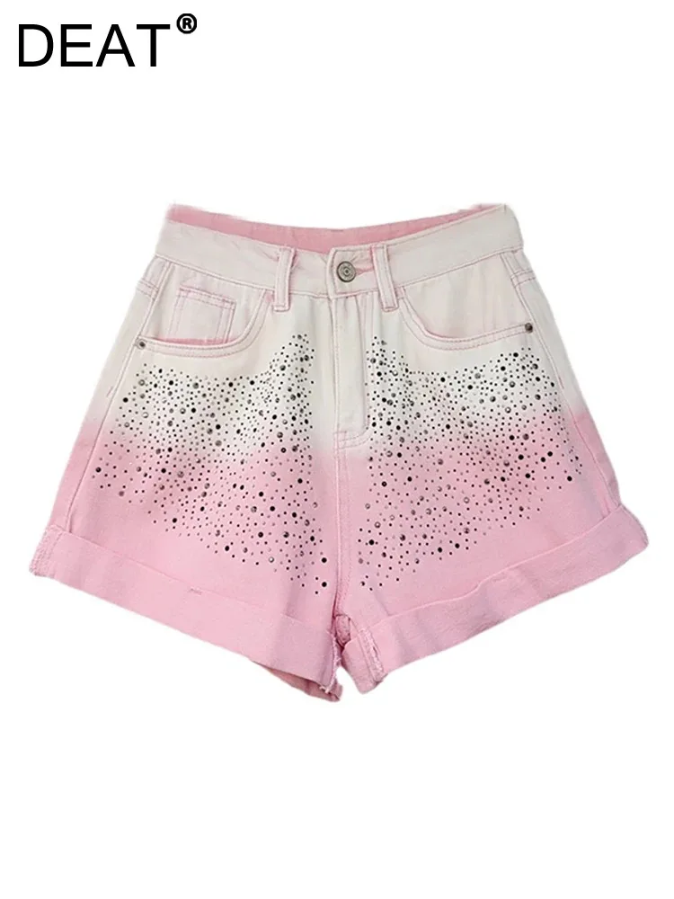 

DEAT Women's Denim Shorts High Waist Cuffs Gradient Pink Wide Leg Cuffs Rhinestone Short Pants 2024 Summer New Fashion 11XX9273