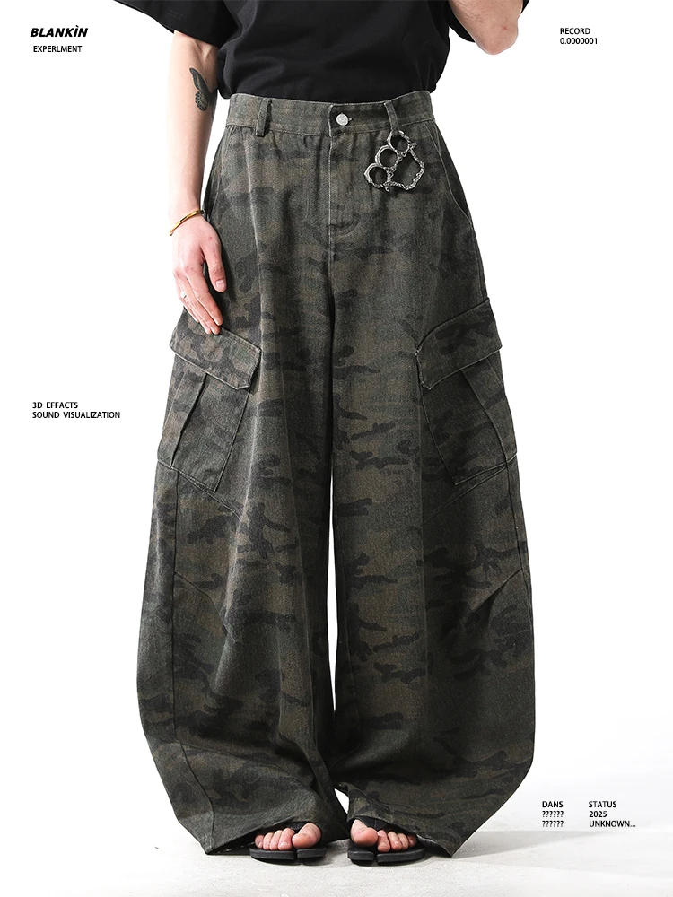 

BLANKIN American Retro Deconstructed Pleated Camouflage Work Pants Men's Women's Wide Leg Baggy Knife Casual Trousers