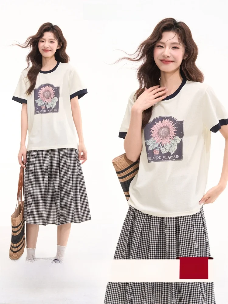 

Sunflower Print Short Sleeve T-Shirt Women's Casual Loose Fit Cotton Blend Top Color Block Design Summer Fashion Ladies' Tee