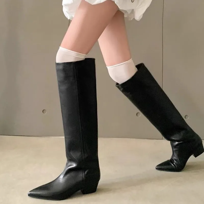 Pointed Toe Thick Heel Long-thigh Boots Women's Winter Temperament Shows Thin Knee-high Leather Shoes