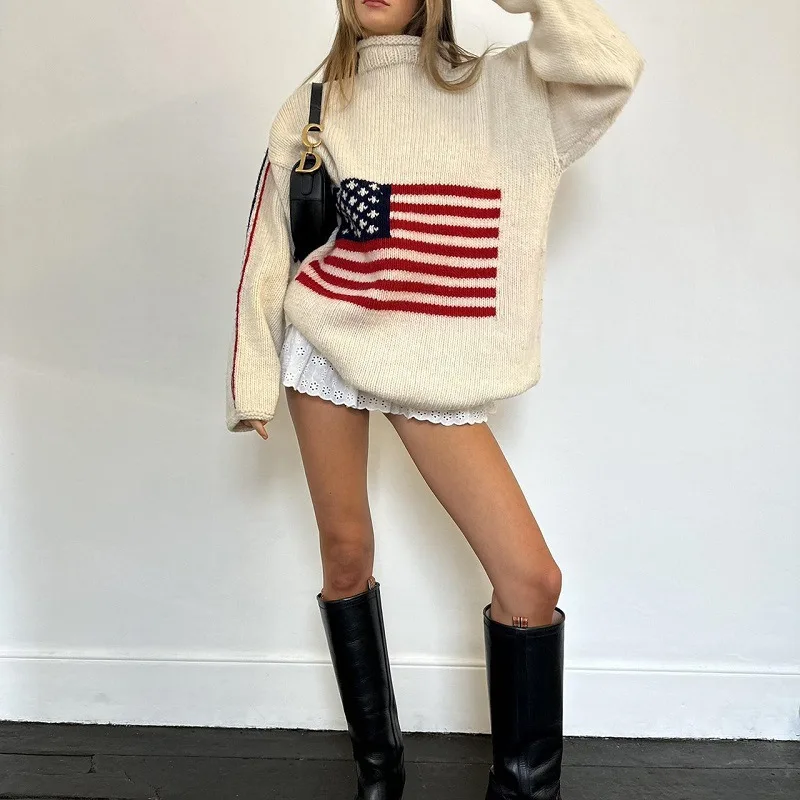 Y2K Women Winter Vintage Ladies Luxury American Flag Knit Sweater Aesthetics Long Sleeve Sweaters Oversize Pullover Tops Clothes