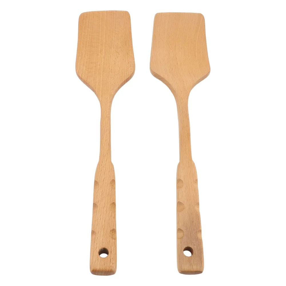 2Pcs Solid Wood Cooking Spatula Burr‑free Long‑handle Kitchen Tool Moderate Thin Flat Polished Wooden Utensil Cooking Use