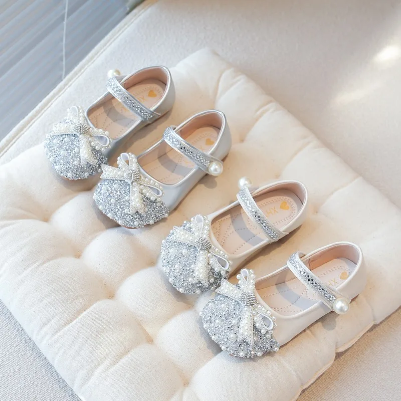 Girls' Crystal Princess Shoes 2026 New Anti Slip Soft Bottom Butterfly Knot Small Leather Shoes Fashion Dress Performance Shoes