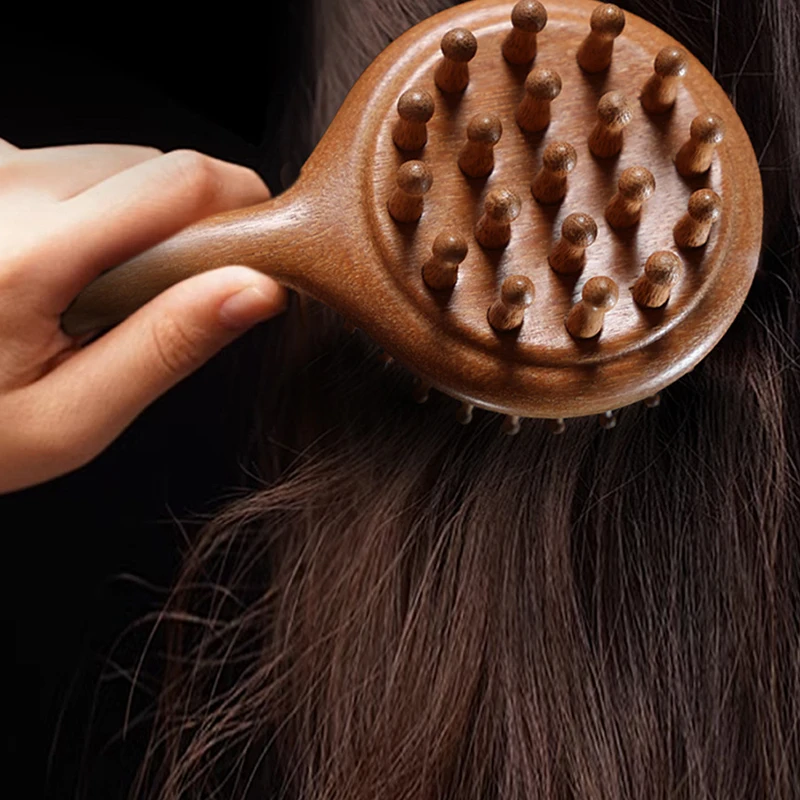 ラウンドハンドルコームスクレーピングボディマッサージャー両面経絡コーム頭皮療法マッサージコームヘッドケア天然サンダルウッド