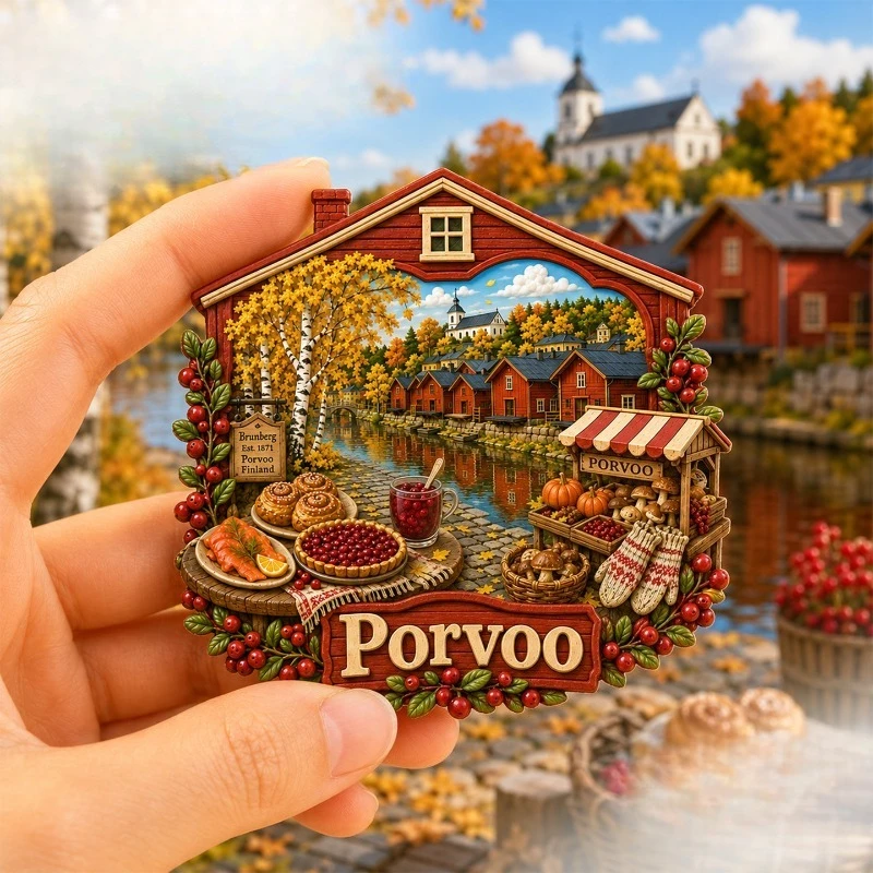 Porvoo Autumn Market Fridge Magnet - Cozy 3D Finnish Souvenir Unique Nordic Travel Gift for Rustic & Fall Decor