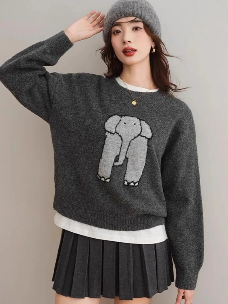 

Новый зимний свободный вязаный свитер с длинными рукавами и круглым вырезом, с вышивкой слона, в корейском стиле, модный женский топ