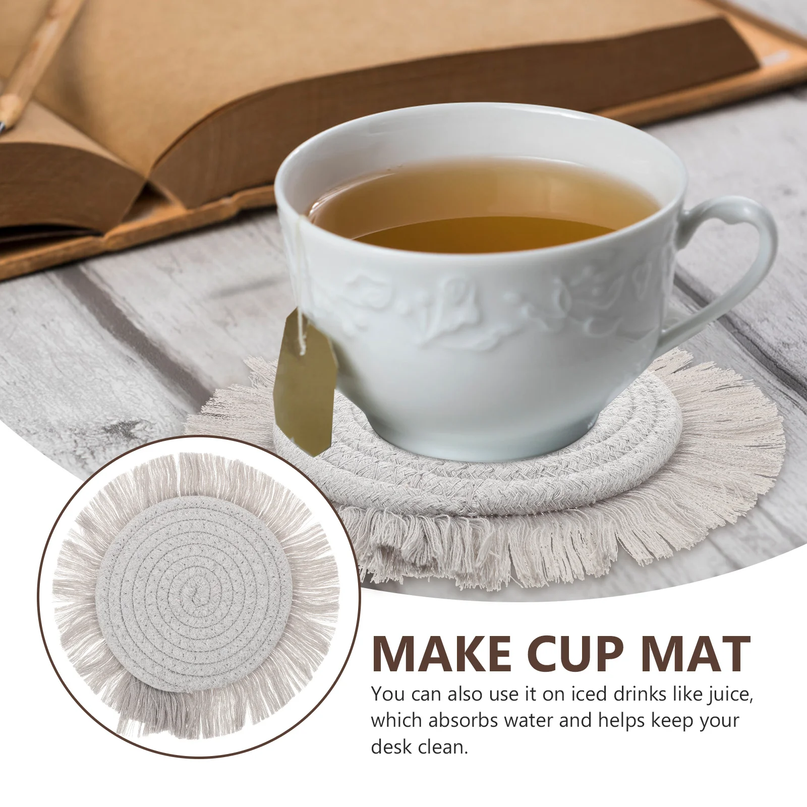 

2Pcs Cotton Woven Placemat Round Insulated Bowl Mat with Tassel Absorbent Coaster for Drinks Plants Fruits Tableware Protection