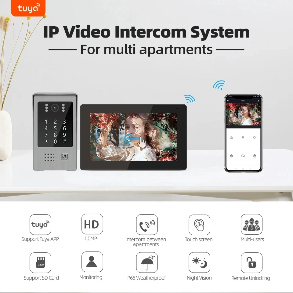 Jeatone-intercomunicador de vídeo IP inalámbrico con WIFI, Monitor de 7 pulgadas, timbre de puerta, teléfono inteligente con cámara para casa y apartamento, Tuya, 1080P