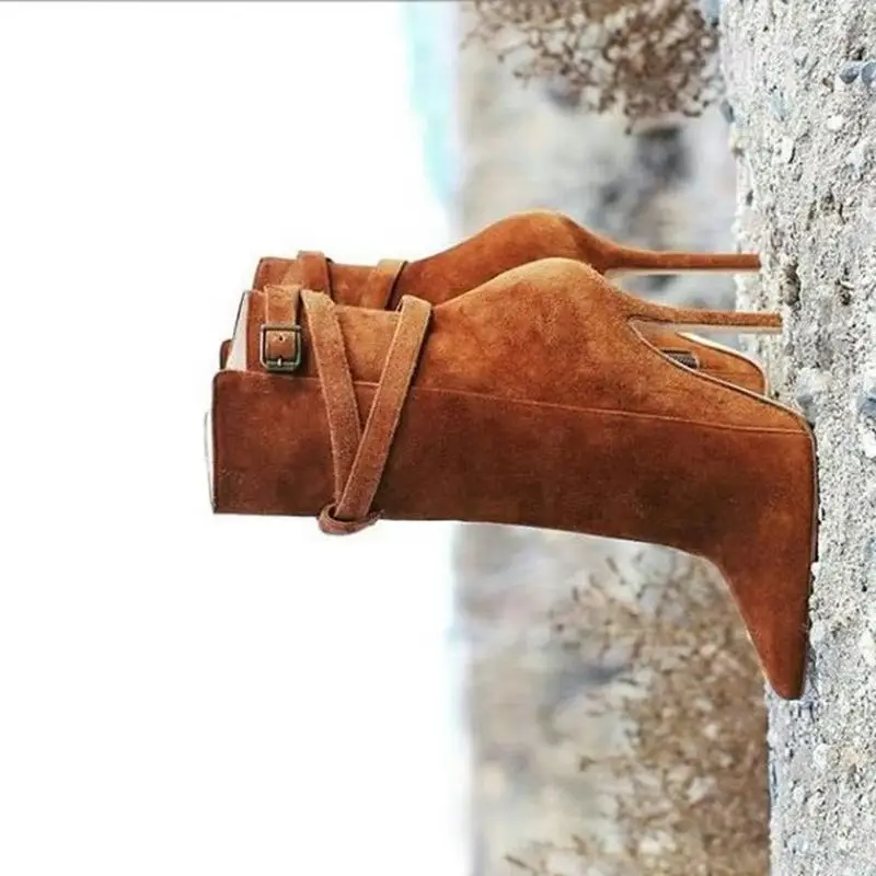 

Brown Suede Belt Buckle Strap Ankle Boots Stretch Fabric Pointed Toe Stiletto Heeled Spring Autumn Female Footwears