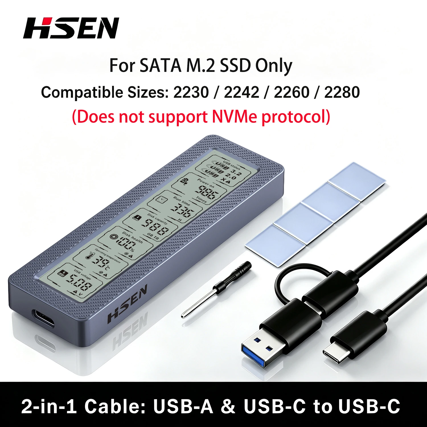 M.2 SSD-Gehäuse mit Smart-Display, Echtzeit-SSD-Zustandsmonitor, USB 3.2 Gen 2 10Gbps, NVMe & SATA Dual-Protokoll M.2 SSD-Gehäuse