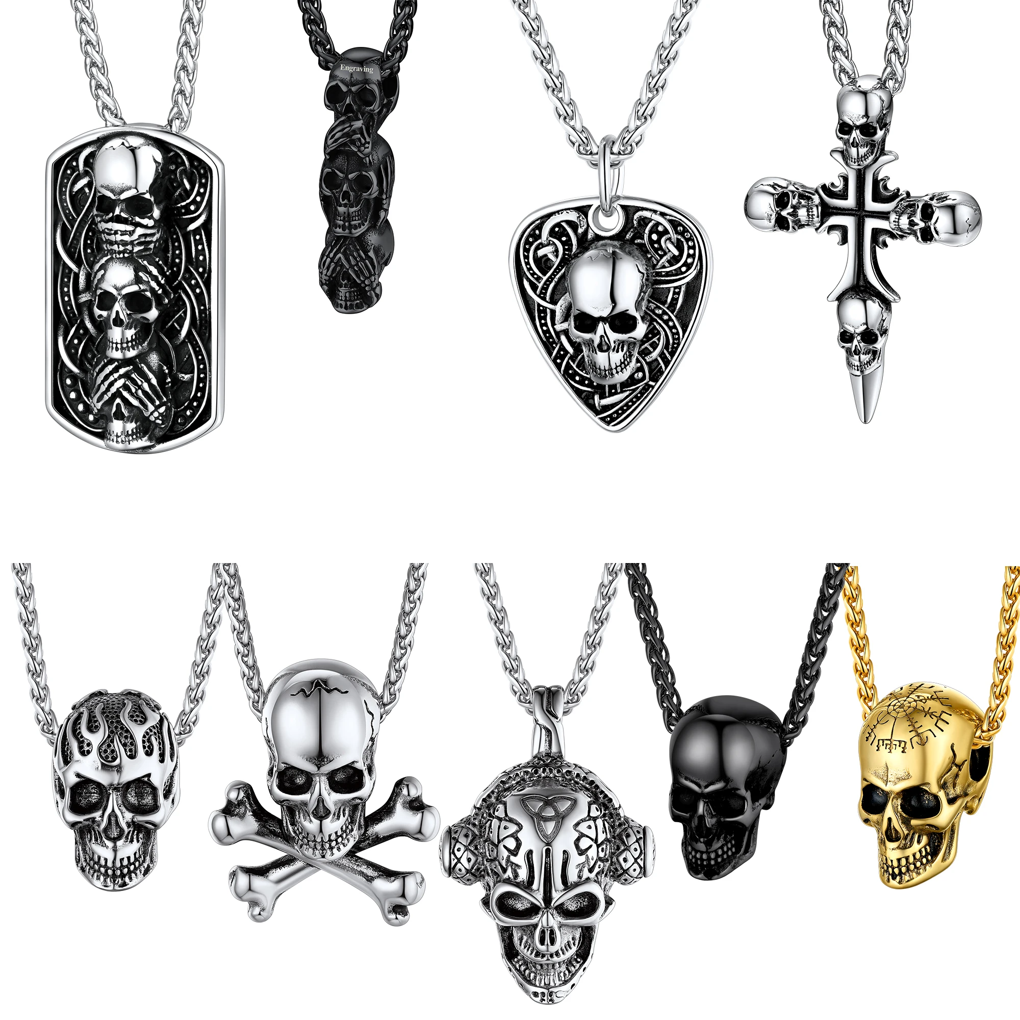ChainsPro Skull Necklaces for Men Stainless Steel Dog Tag Guitar Pick Fire Skull Head Cross Retro Style Gothic Punk Jewelry Gift