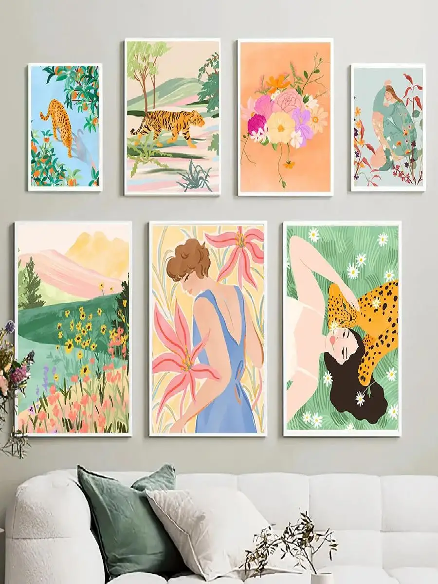 Fashion Girl Leopard Tiger Flower Tropical Plants Wall Art Canvas Painting Nordic Posters Prints Pictures for Living Room Decor