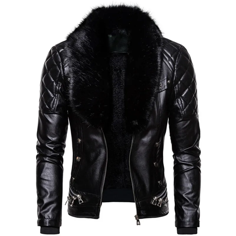 2021 New Design Motorcycle Bomber Add Wool Leather Jacket Men Autumn Turn Down Fur Collar Removable Slim Fit Male Warm Pu Coats