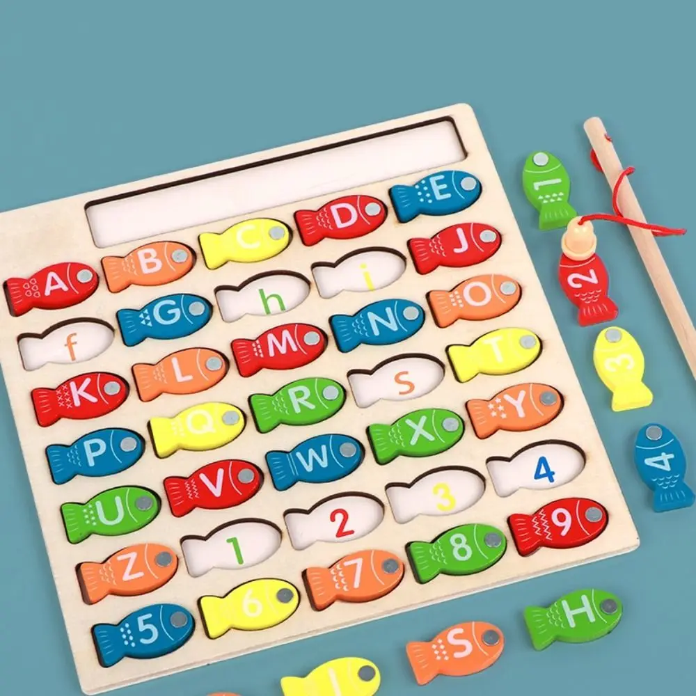 Drewniana edukacyjna tablica puzzle z motywem wędkowania, puzzle z literami i cyframi, nauka liter, dopasowywanie kolorów, gra w wędkowanie dla dzieci.