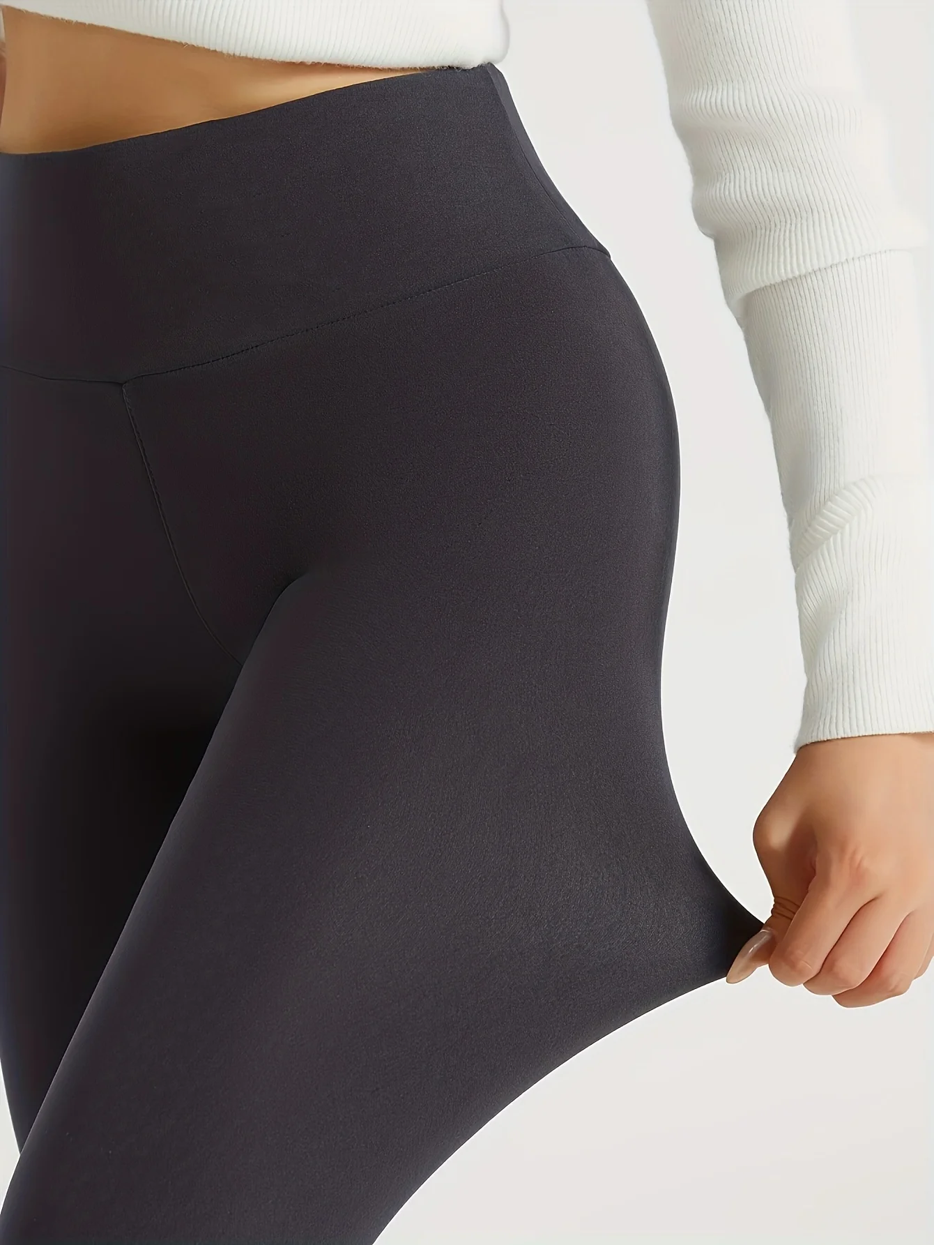 Order ONE SIEZ LARGE Women's Winter Warm Thickened High Waist Leggings - Full-Length Tummy Control Slim Fit Workout Pants, Solid Black/Charcoal Grey, Machine Washable, Comfortable Leggings For Women, Super Soft Leggings With Pockets For Women, Stretchable view 3