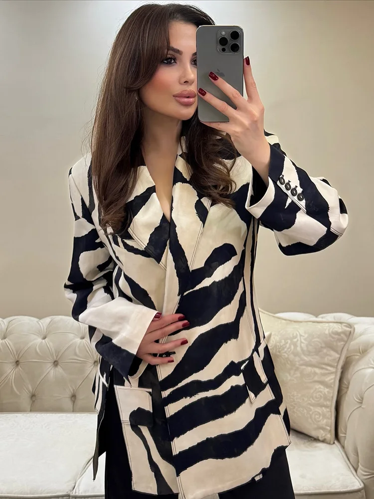 HH النساء سراويل أنيقة دعوى زيبرا المشارب جيب زر واحد تزيين بدوره إلى أسفل طوق سترة سترة سستة السراويل الطويلة غير رسمية #2