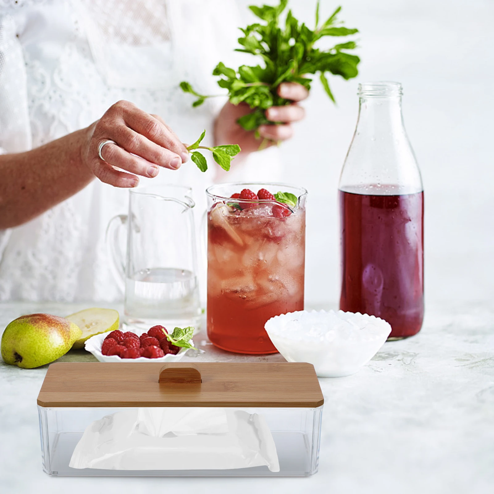 

Clear Acrylic Tissue Box with Bamboo Lid Household Napkin Holder Storage Container for Living Room Bedroom Lightweight