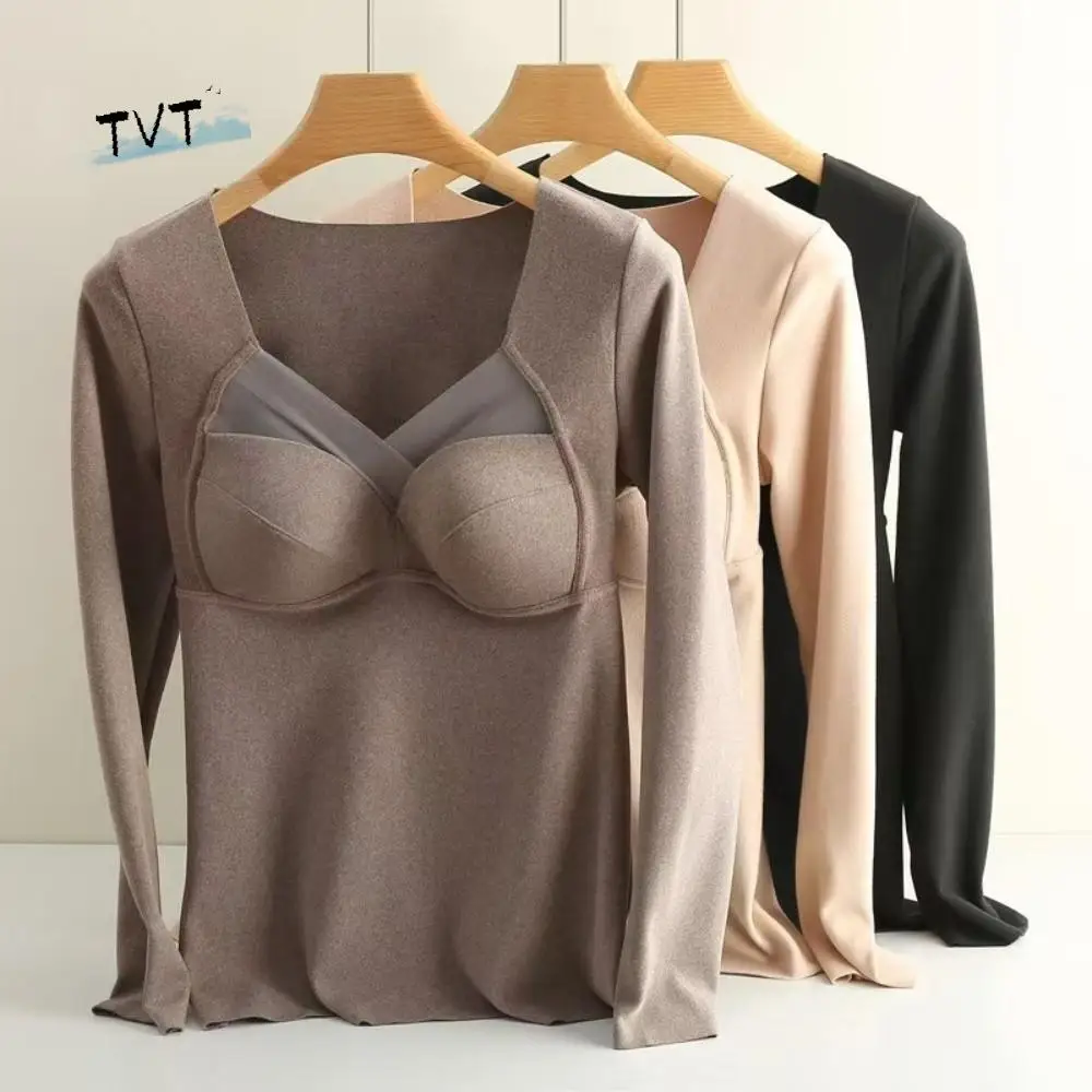 

V Mesh Neck Women Thermal Clothes Invisible Solid Color Thermal Underwear Feel Heating Velvet Fleece Warmth Long Tops