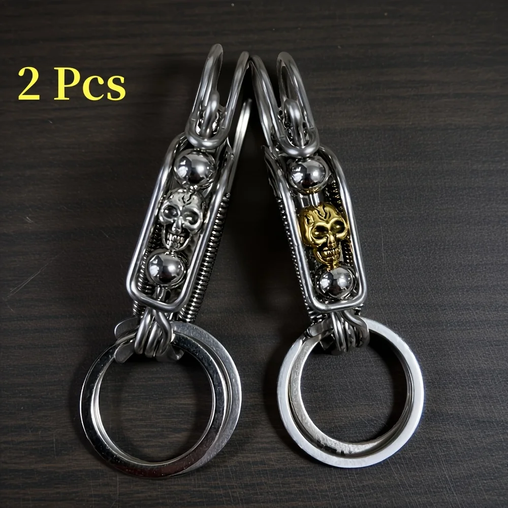 Stainless steel Stylish Keychain, Handmade Multilayer Curved Wire,Skull Mechanical Style Keyring, Men Backpack Trinket ,2pcs