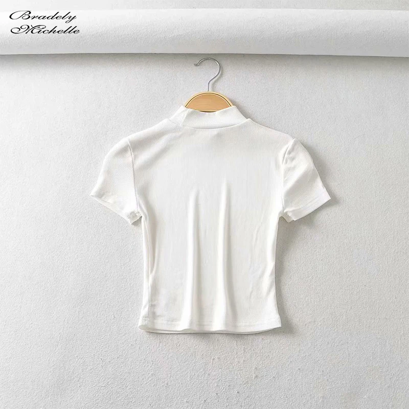 Bradely Michelle Fashion Sexy Summer Woman Slim Fit T-shirt Tight Cotton Short-Sleeve Turtleneck Tee Crop Tops