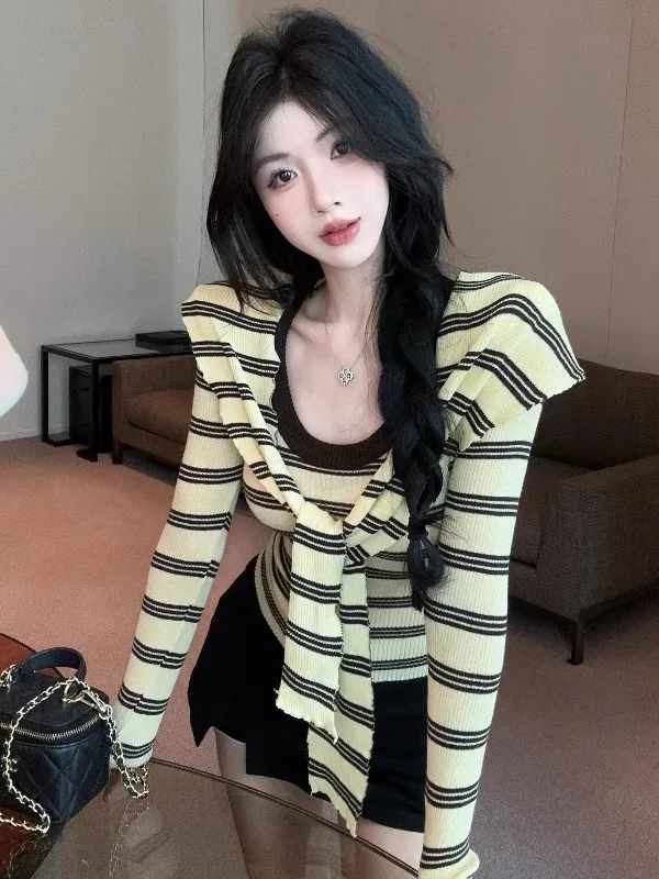 

Yellow Striped Knitted Sweater Women's Autumn Winter Pure Desirable Sexy U-Neck Base Shirt Inner Wear Two-Piece Set
