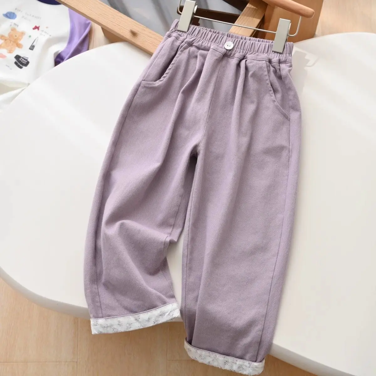 

Girls' Floral Print Ruffled Hem Straight Leg Carrot Pants 2026 Spring Autumn 5-12 Years Kids' Casual Wear