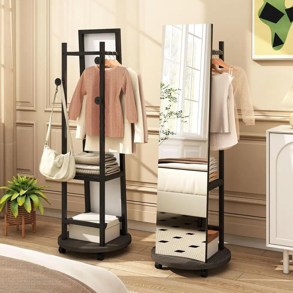 

55 Tall Mirror with Coat Rack, Storage, and Lockable Wheels for Home Use in Black & Walnut