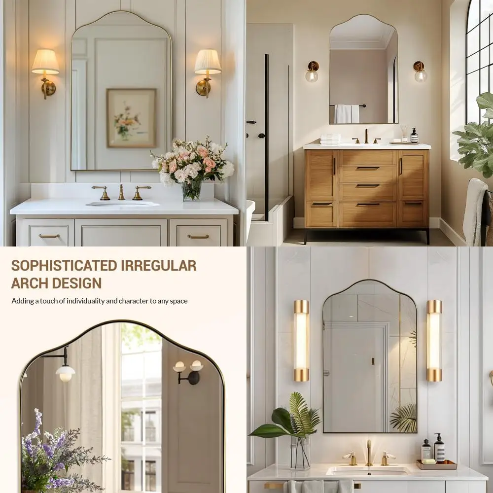 

Арочное латунное зеркало с зубцами, настенное зеркало из матового золота размером 22x35 дюймов с изогнутым дизайном для ванной комнаты и порошковой комнаты