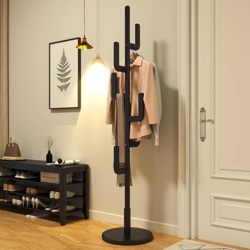 Coat Rack, Unique Design Cactus Coat Rack Freestanding, Adjustable Height Wooden Coat Rack Stand with 6 Hooks,